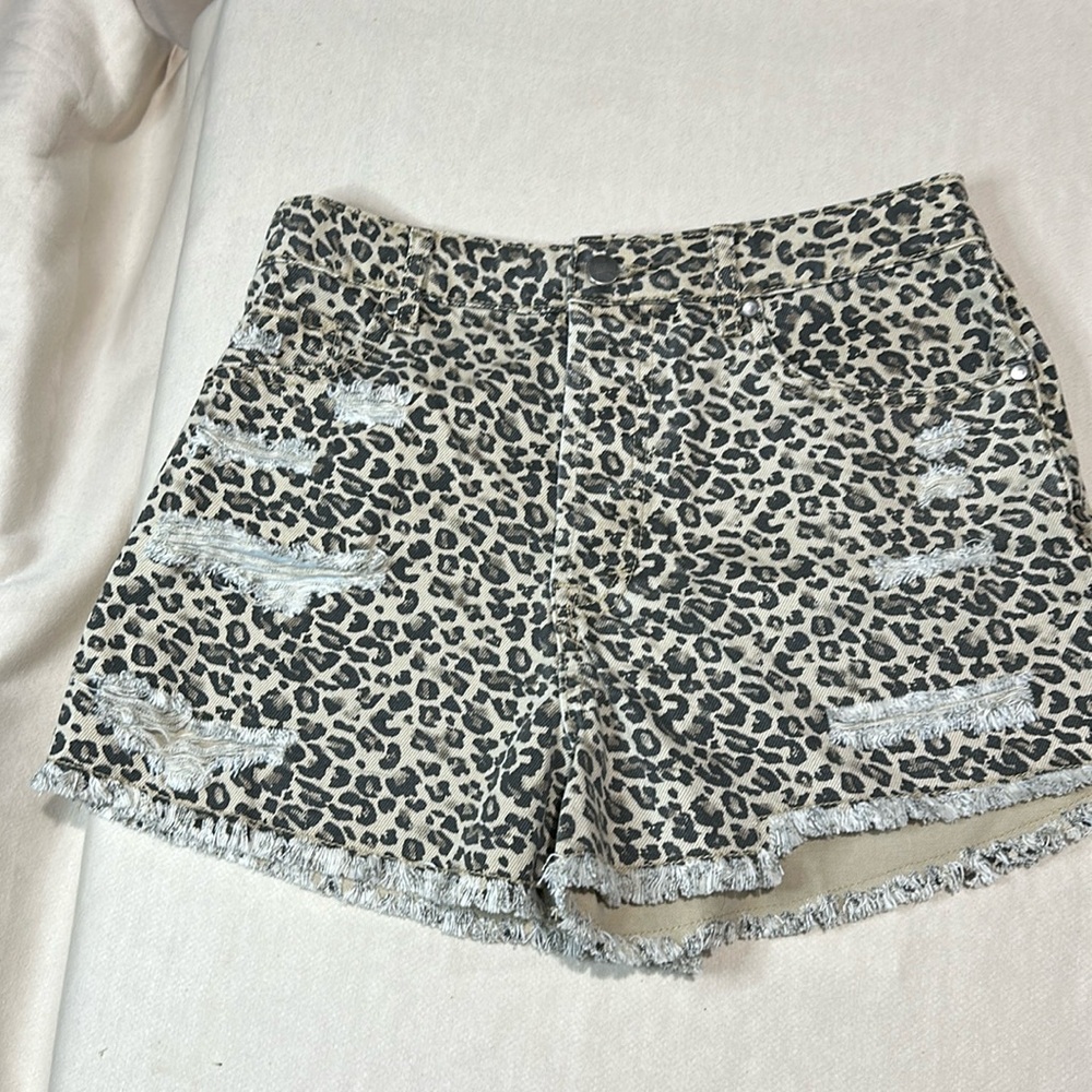 easel Leopard Print Distressed Jean Shorts in Black and Cream